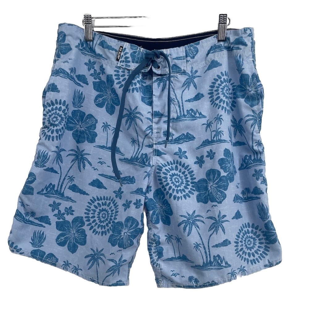 RS Surf Board Shorts Mens Medium‎ Blue Tropical Palm Swim Trunks Surf Coastal